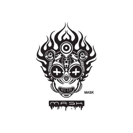 Graffiti mask decal with flames, circular eyes, and the word “MASK”
