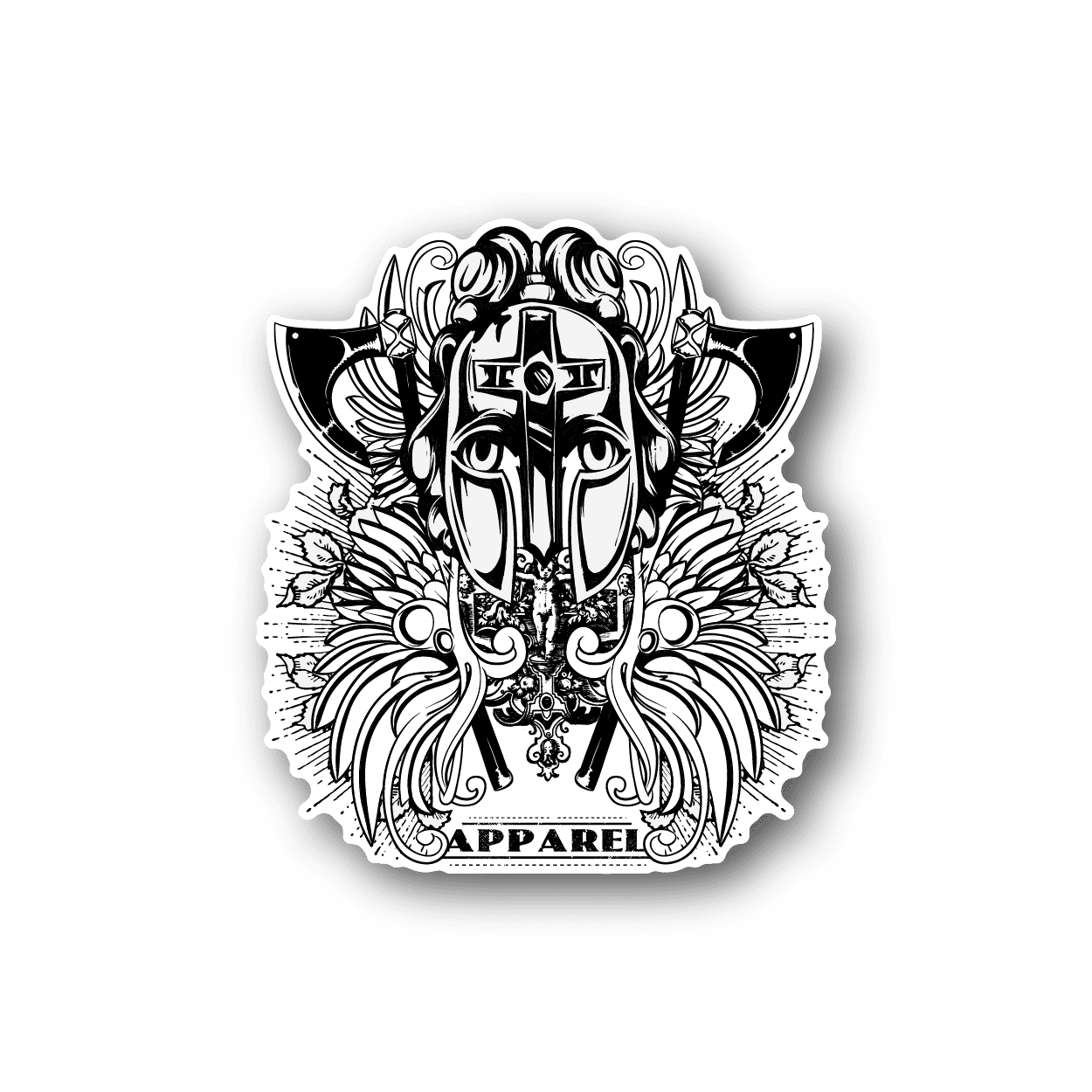 Vinyl sticker of masked warrior face with ornate details and wings, white ink