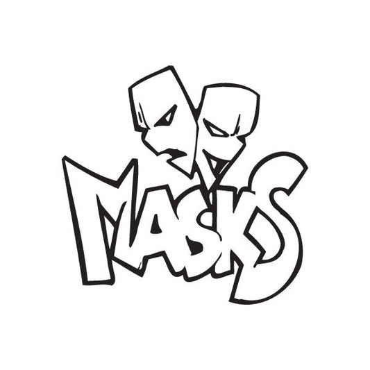 Graffiti masks decal with bold black outline and gray fill, graffiti-style shapes