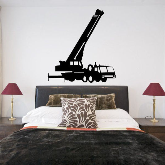 Black crane truck wall decal with raised boom silhouette
