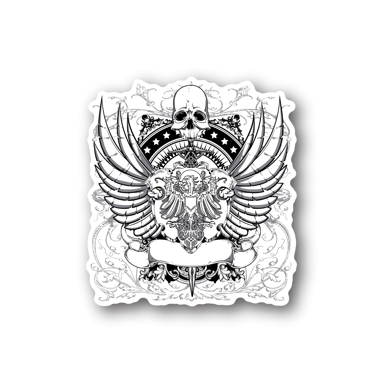Vinyl sticker with skull and ornate wings graphic, black and white