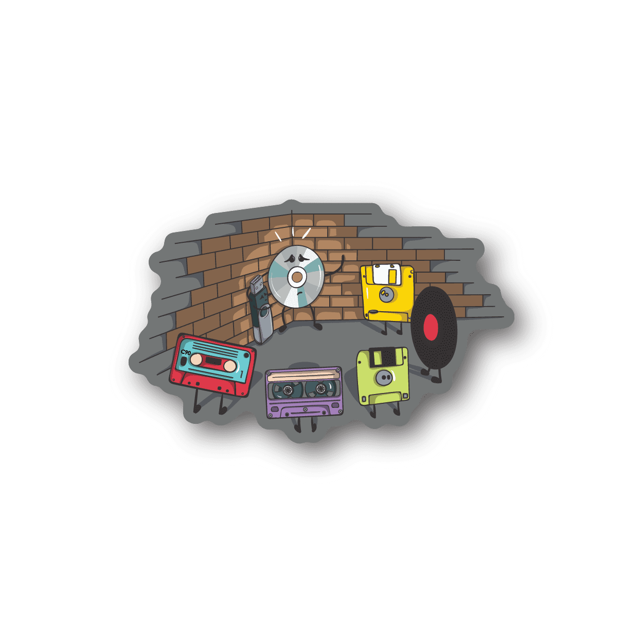 Vinyl sticker with cartoon brick wall, cassette tapes, and records
