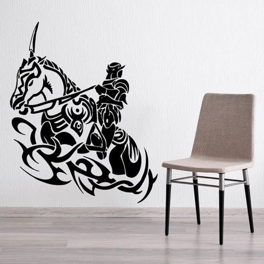 Black tribal horse and knight wall decal with ornate linework