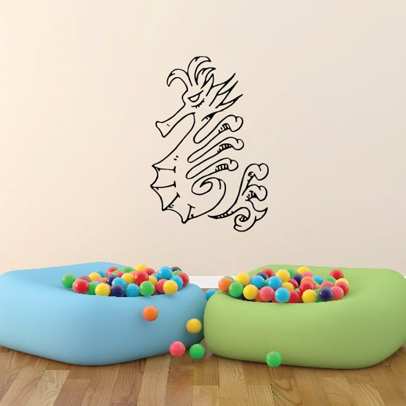 Medieval seahorse wall decal, black line art with ornate mane and tail