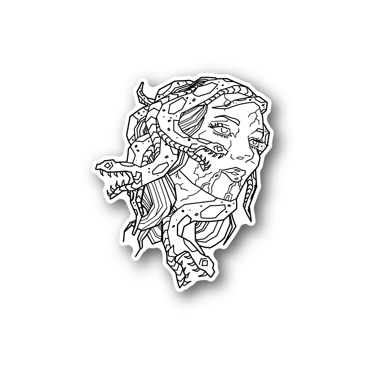 Vinyl sticker with white line-art Medusa girl portrait and outlined border