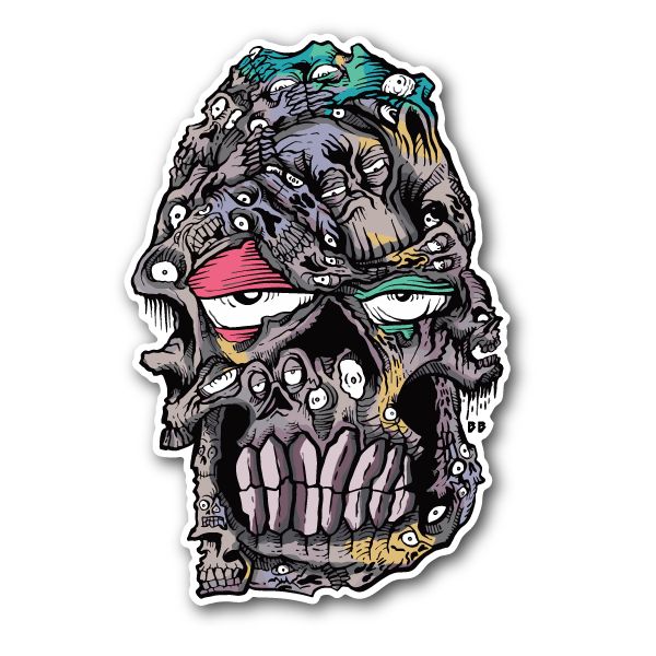 Melting skull face vinyl sticker with colorful teal, pink, and yellow details