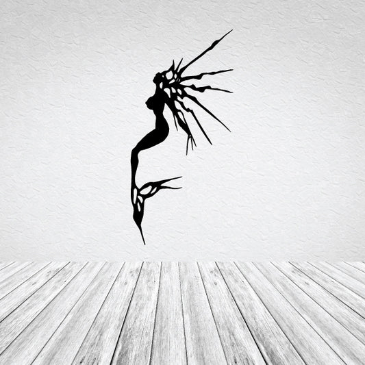 Mermaid wall decal silhouette with long flowing tail and hair, black outline