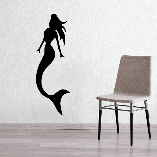 Black mermaid silhouette wall decal with flowing tail and hair