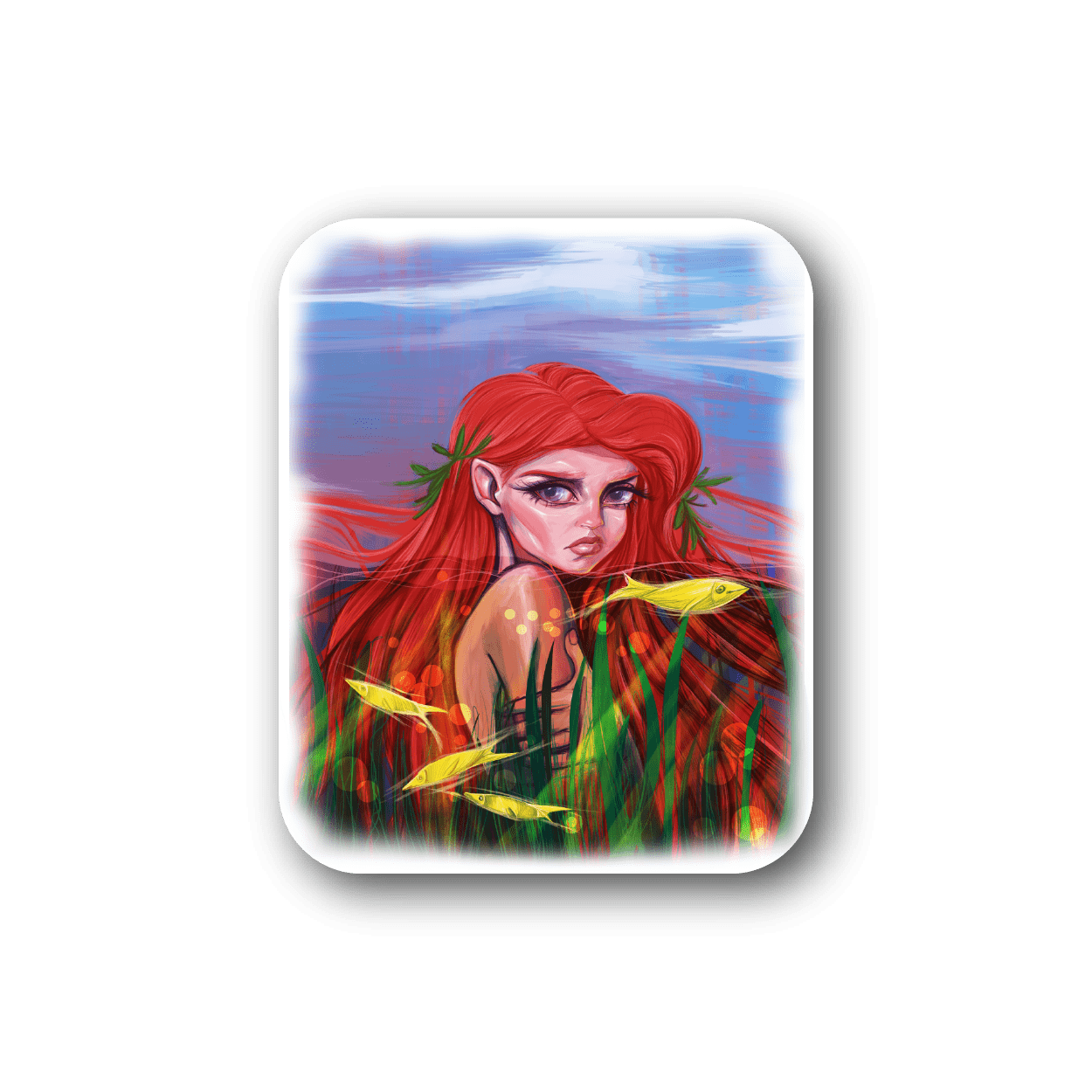 Vinyl sticker with mermaid illustration of red-haired woman and colorful sea scene