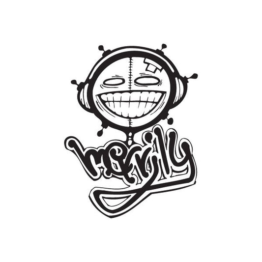 Merrily graffiti decal with cartoon grinning face in headphones and graffiti text