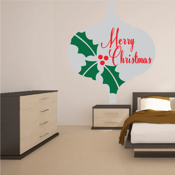 Mistletoe Christmas ornament decal, green holly leaves, red berries and Merry Christmas text