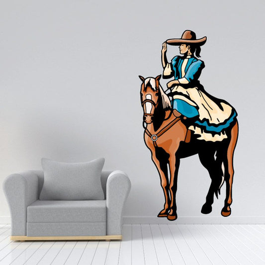 Rodeo rider and horse wall decal, die-cut vinyl sticker with sombrero and blue dress