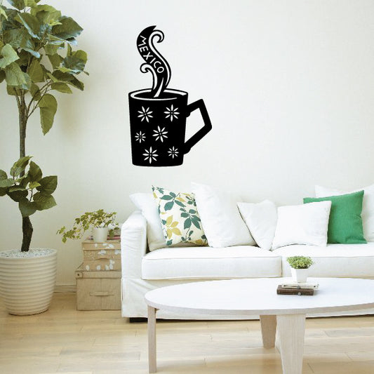 Mexico coffee wall decal: black mug with Mexico in steam and floral accents