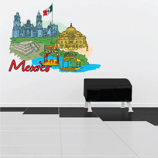 Mexico landmarks sticker with 'Mexico' text, flag and church illustration