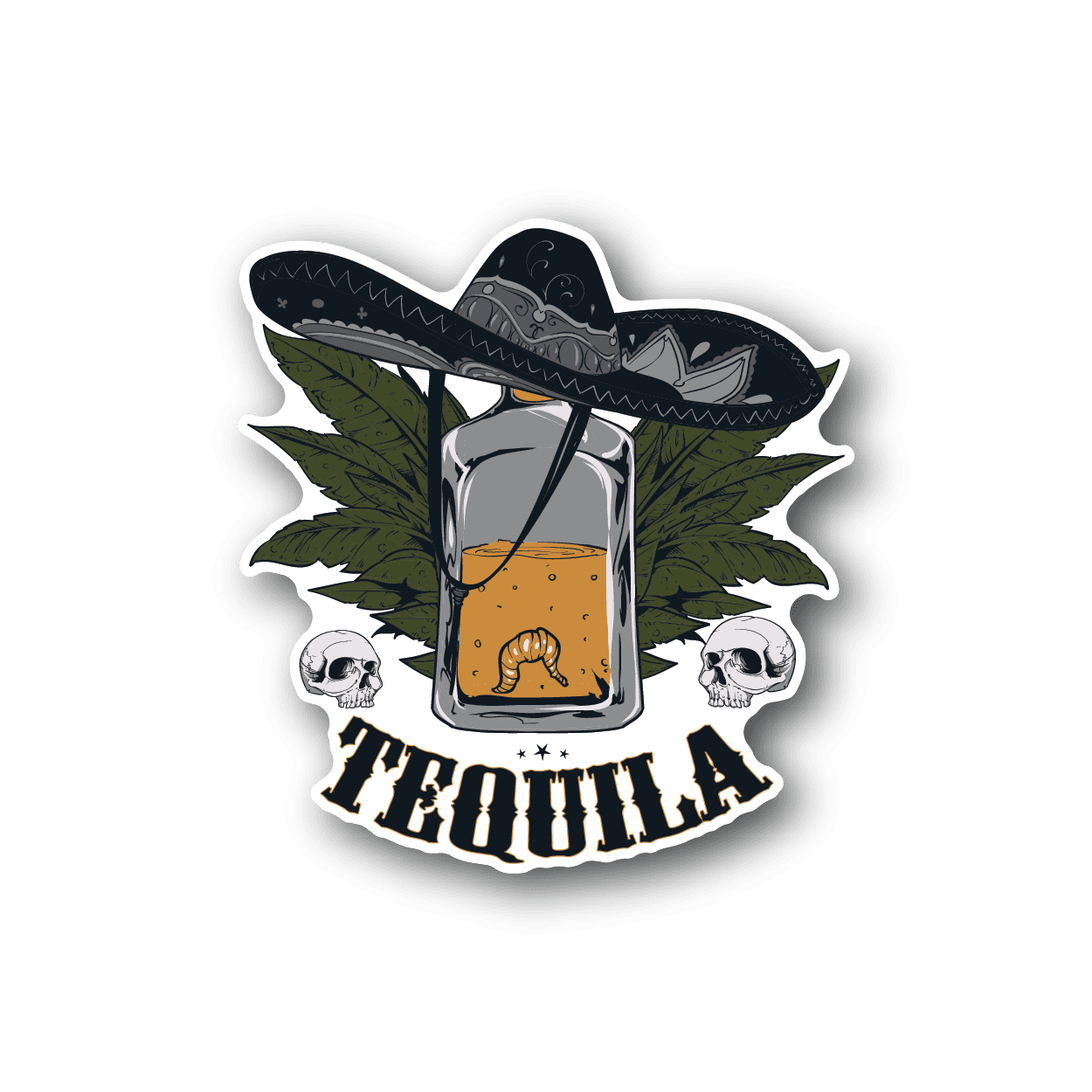 Vinyl sticker of a cartoon glass with worm, green leaves, skulls and stylized text