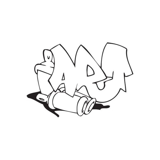 Graffiti character decal with black outline and white fill