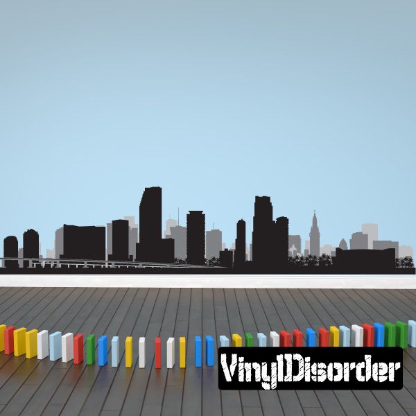 Miami skyline decal with dark city silhouette and colorful vertical strip accents