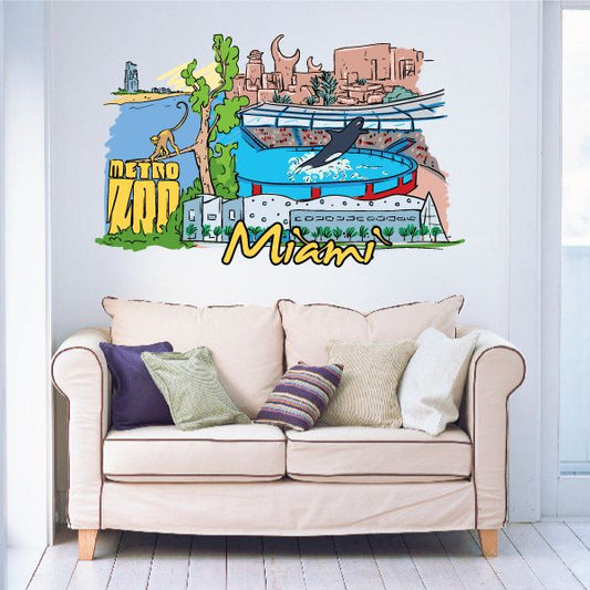 Miami sticker with colorful city skyline, palm tree, and dolphin illustration