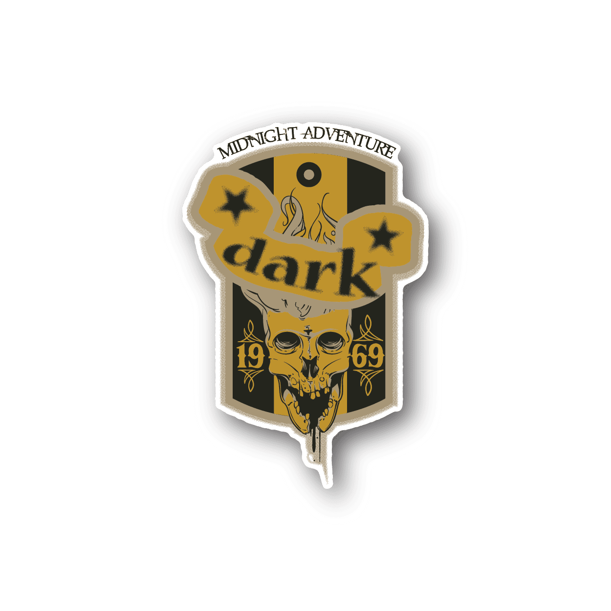 Die-cut vinyl sticker with skull and flames, stars, and 'Midnight Adventure' dark