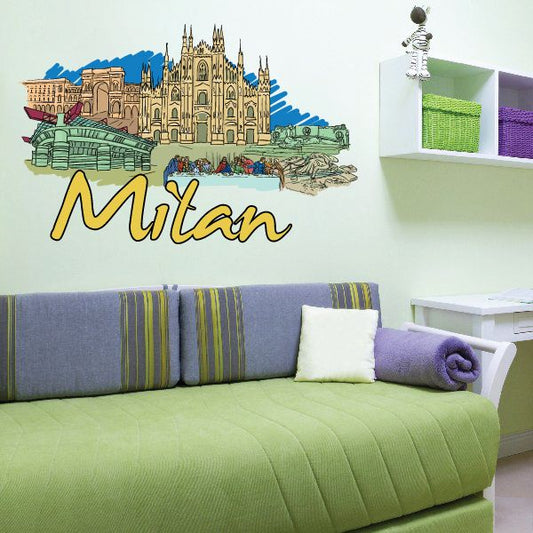 Milan wall sticker with illustrated skyline and yellow cursive 'Milan' text