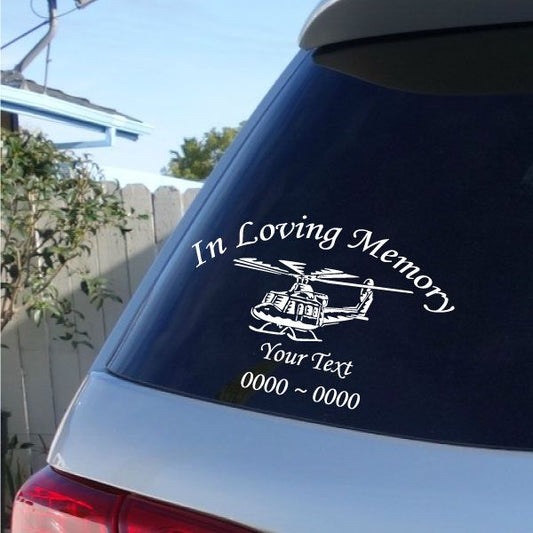 Memorial helicopter decal: In Loving Memory text, name and dates, white on dark blue