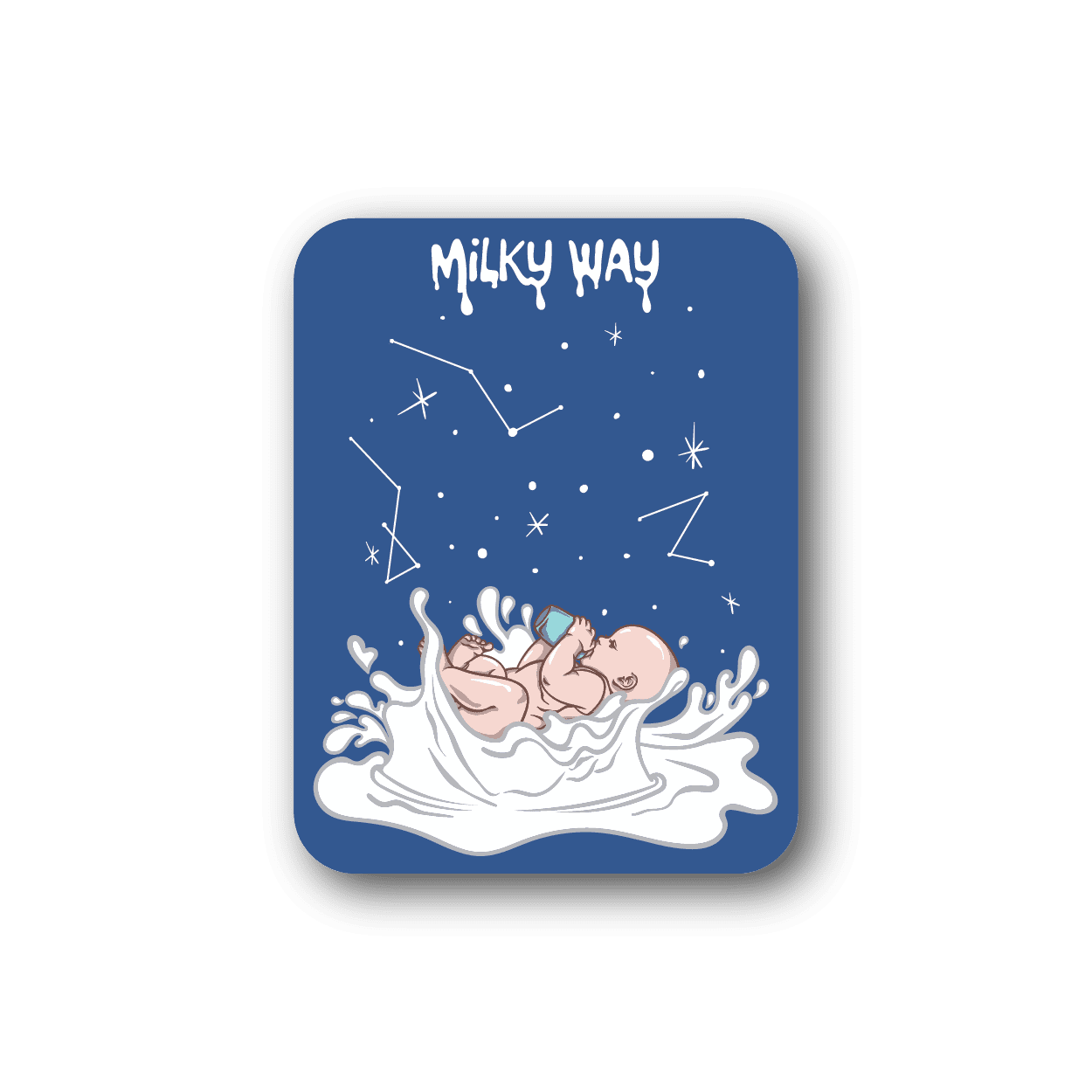 Baby vinyl sticker, square blue scene with starry Milky Way and sleeping infant in clouds