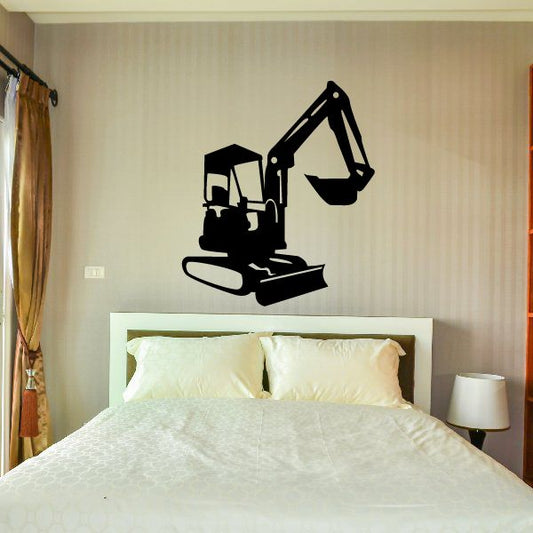 Mini excavator decal silhouette in black with excavator bucket and arm
