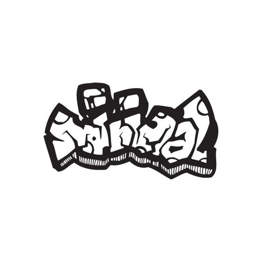 Black graffiti-style decal with abstract letters