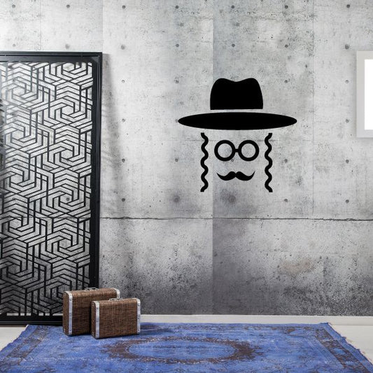 Minimal Hasidic Jewish man decal with black wide-brim hat, curly sideburns and moustache