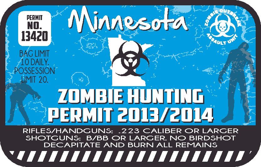 Blue zombie hunting permit sticker with Minnesota text, biohazard symbol, and permit numbers