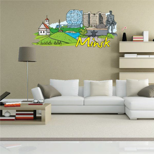 Minsk wall sticker decal with colorful skyline illustration and “Minsk” script