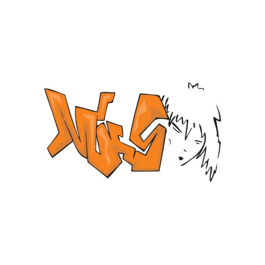 Graffiti-style sticker with orange outlined lettering and black accents