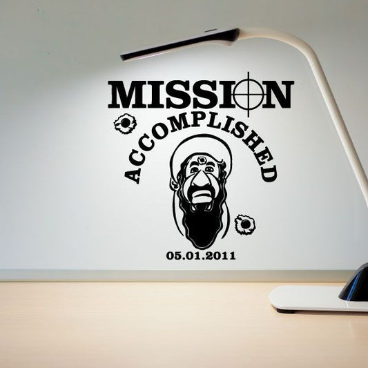 Vinyl wall decal with Mission Accomplished text, portrait, and 05.01.2011