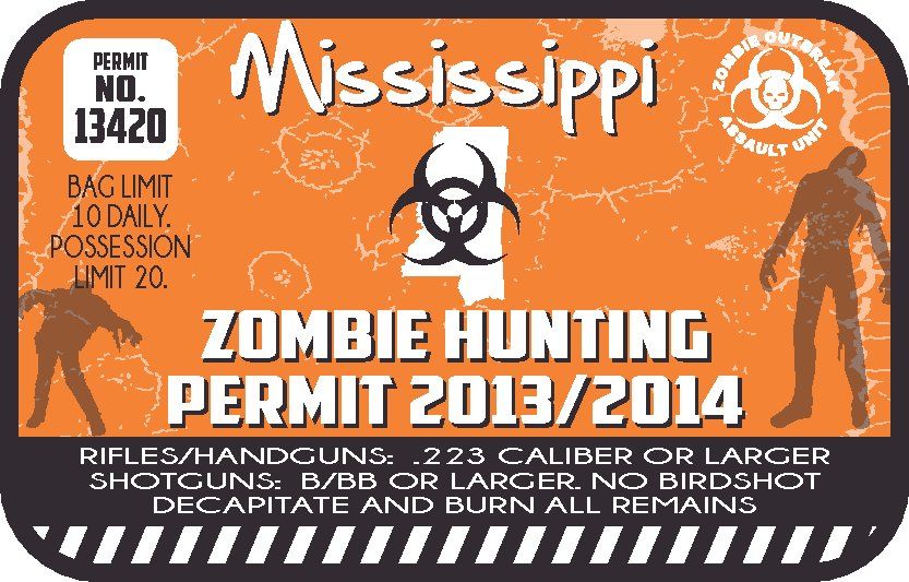 Zombie hunting permit sticker with Mississippi text, biohazard symbol, orange background