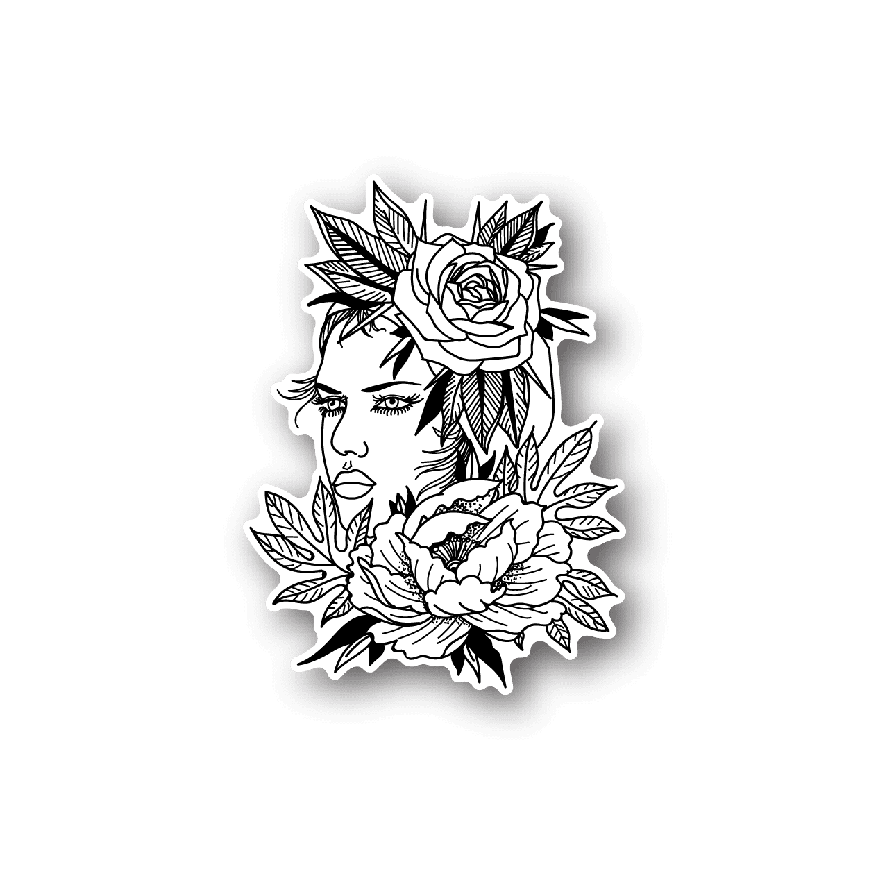 Flower girl vinyl sticker with rose, peony, and leaf line art