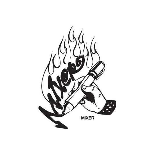 Graffiti-style mixer decal with flames and spray can, black and white