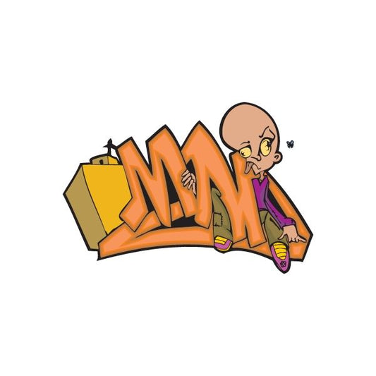 Graffiti sticker with orange MM letters and cartoon boy in jacket