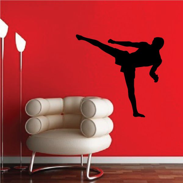 MMA wall decal vinyl sticker with black fighter silhouette in kick stance