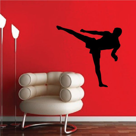 MMA wall decal vinyl sticker with black fighter silhouette in kick stance
