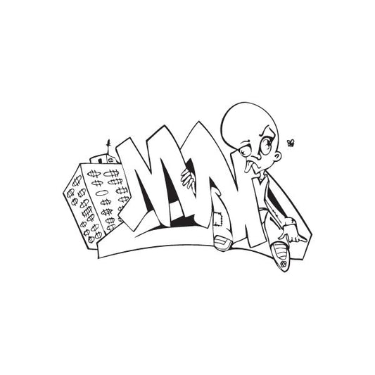 Graffiti decal with cartoon boy holding cards and books, bold black and gray shapes