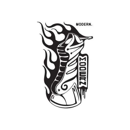 Graffiti-style wall decal with black flame and sneaker outline, modern typography accents