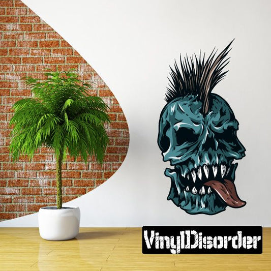 Mohawk skull sticker with blue graphic skull, mohawk, and teeth