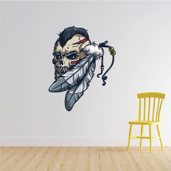 Skull sticker with feather headdress, blue and gray skull with white feathers and ornaments