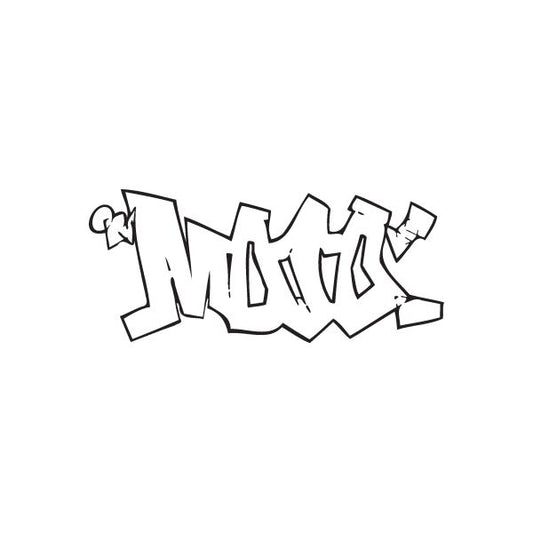 Graffiti-style decal with bold black tag lettering and outline accent marks