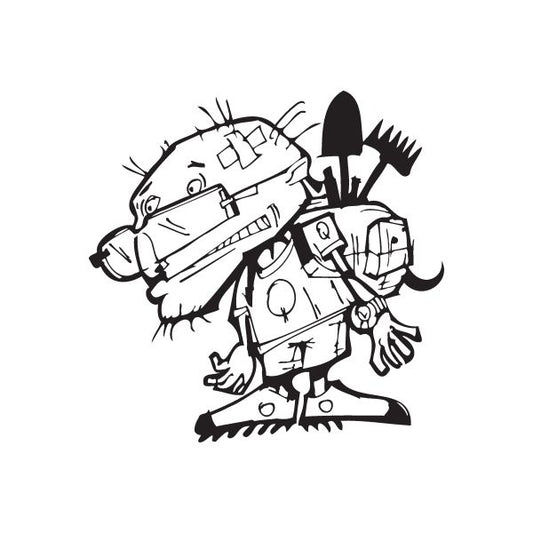 Graffiti decal of cartoon character with tools and wrench in black ink outline