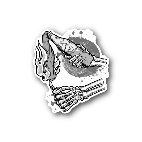Skeleton hands vinyl sticker with bottle graphic, white outline and gray details