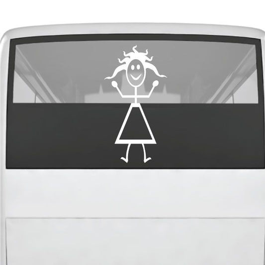 Vinyl decal of smiling stick-figure woman with arms up on dark rectangular surface