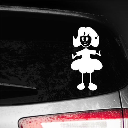 Smiling mom dress decal of white girl in dress with arms out and dangling legs
