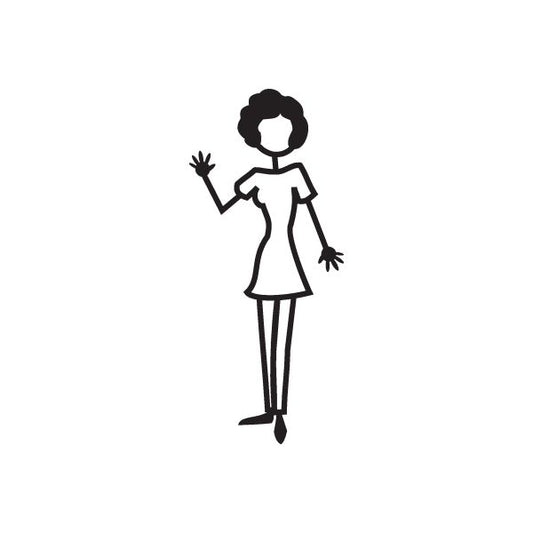 Mom in dress decal, waving woman with striped legs and short sleeves