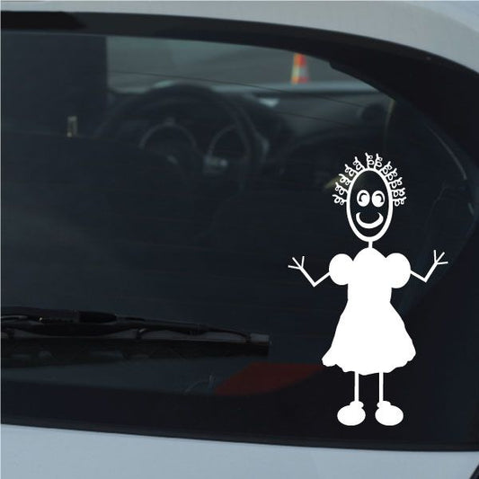 White cartoon mom decal with curly hair and crown, arms raised, on window